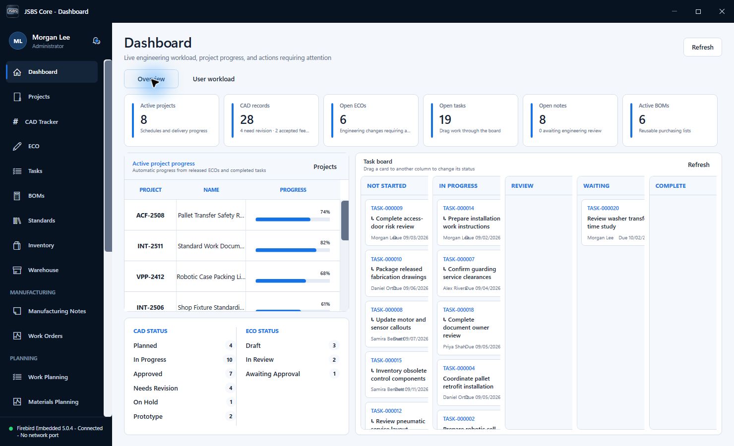 JSBS Core Dashboard with project progress and task board
