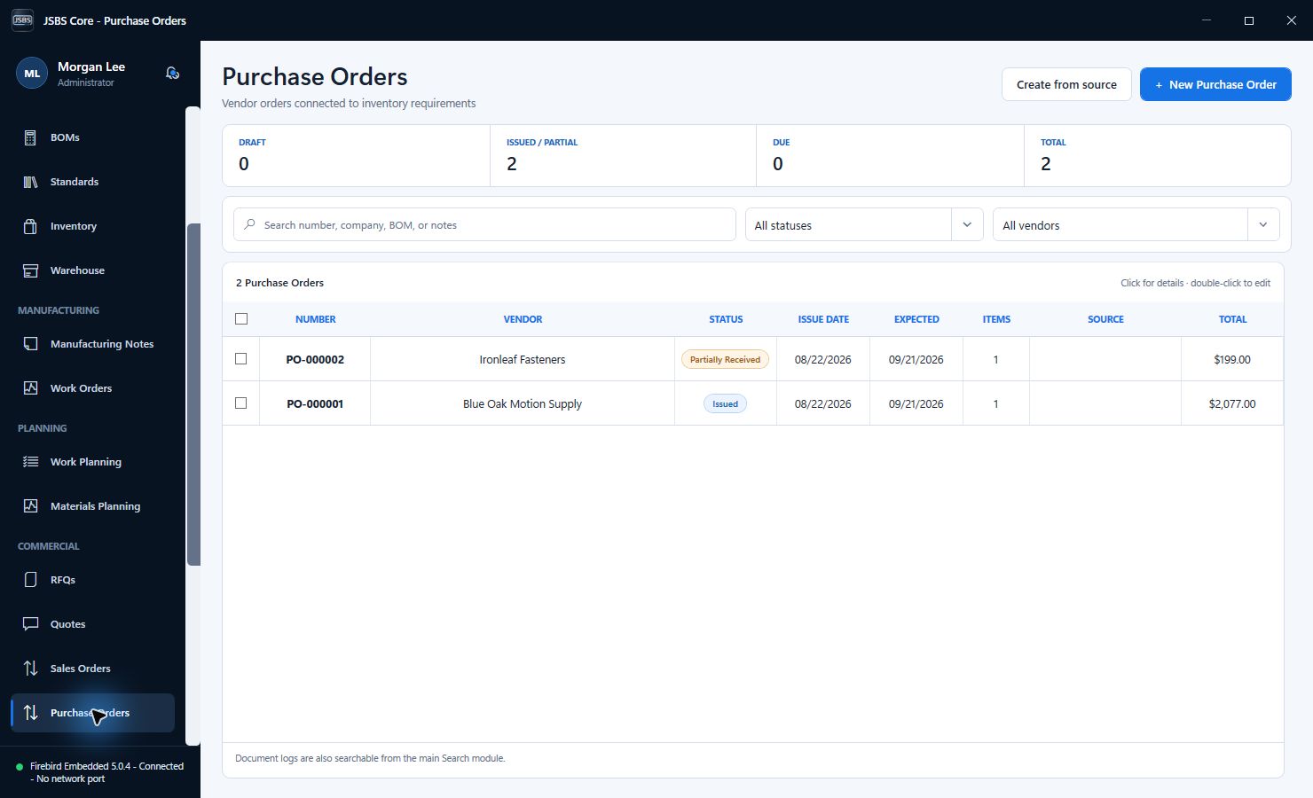 Purchasing workspace in JSBS Core