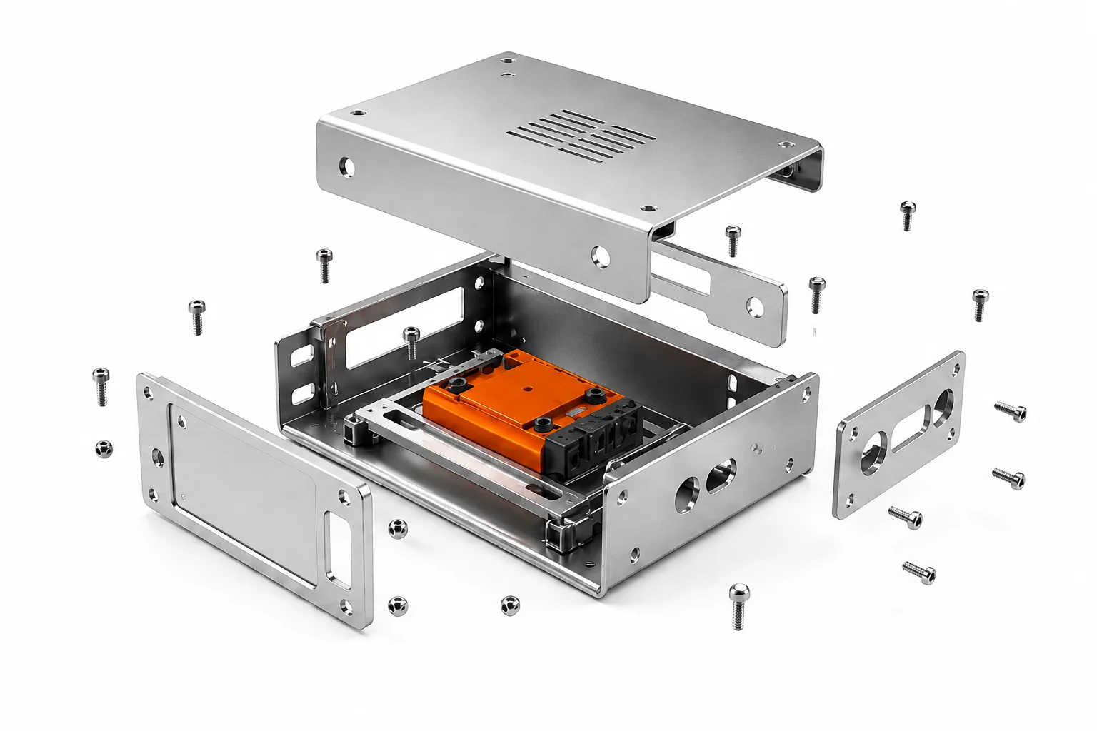 Conceptual exploded illustration of a sheet-metal enclosure and its components